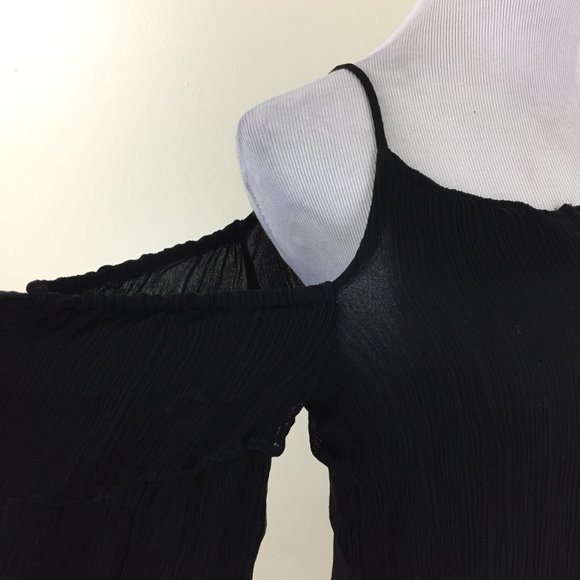 MAEVE Anthropologie Black Crepe Chiffon Cold Shoulder Ruffle Sleeve Button Shirt - Picture 7 of 10